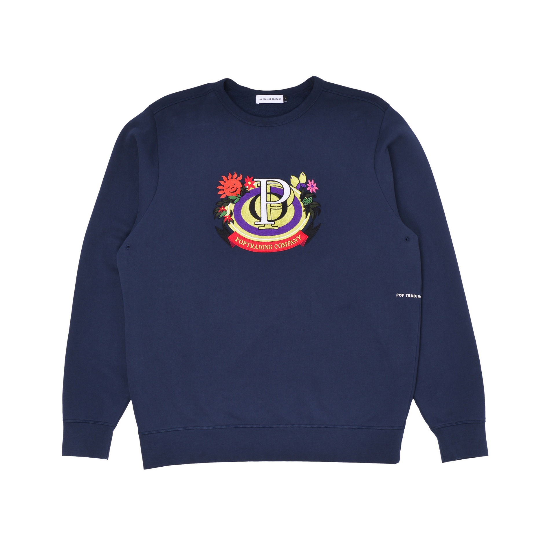 AW22 POP TRADING COMPANY FLORAL CREST SWEATSHIRT NAVY