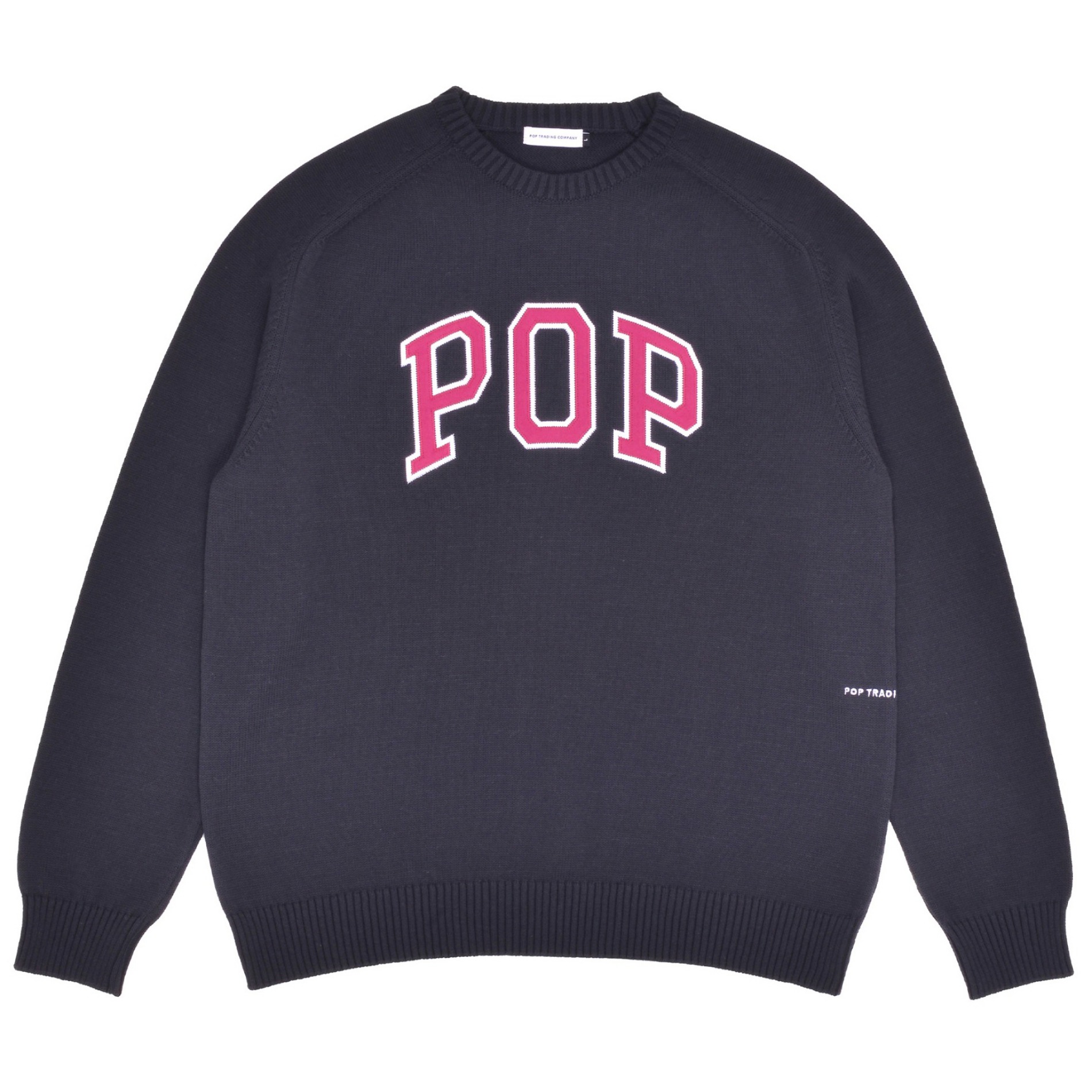 SS23 POP TRADING COMPANY ARCH KNITTED CREWNECK ANTHRACITE / RASBERRY